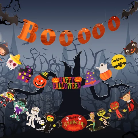 Halloween Decoratie Banner Enge Pompoen Schedel Spin Vleermuis Papieren Slinger Voor Spookhuis Feest Binnen Buiten Hangende Decoratie