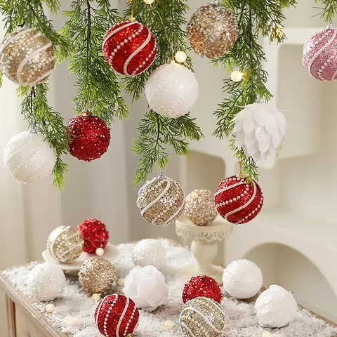 Christmas Ball Ornaments Foam With Faux Artificial Pearls And Sequins Glitter Xmas Tree Hanging Decorative Baubles