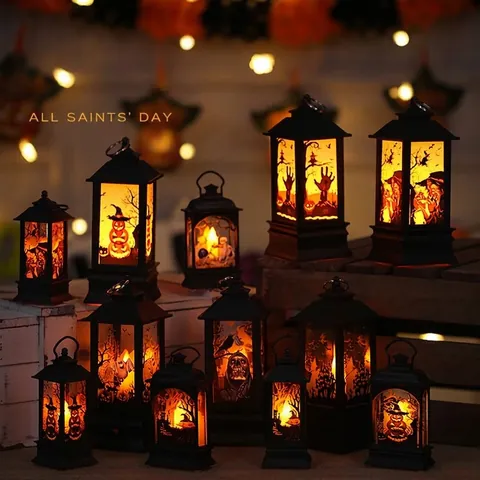 Halloween Retro LED Wind Lantern Spooky Silhouette Electronic Candle Light Pumpkin Witch Skull Pattern Party Decoration Table Ornament