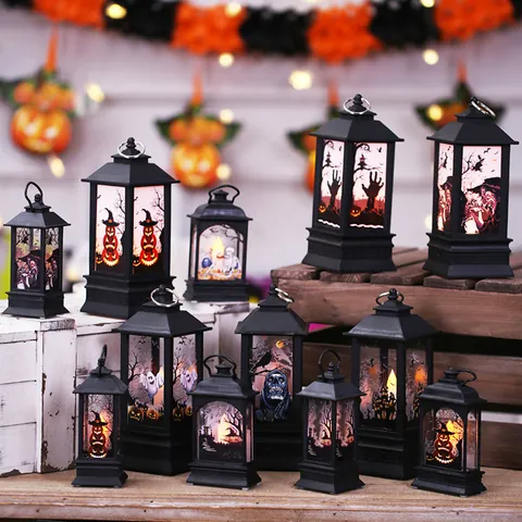 Halloween Retro LED Wind Lantern Spooky Silhouette Electronic Candle Light Pumpkin Witch Skull Pattern Party Decoration Table Ornament
