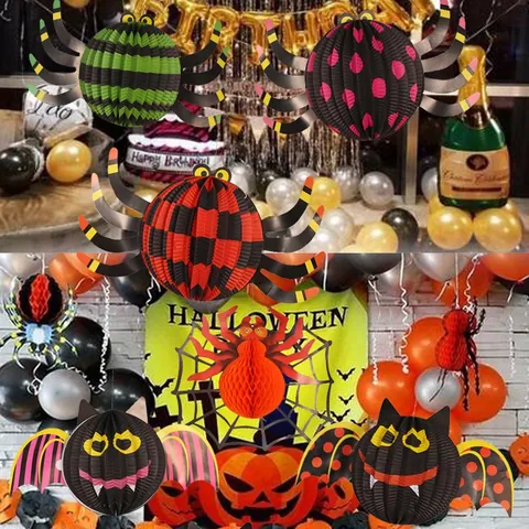 Décoration Suspendue Halloween Boule Alvéolée en Papier Fantôme Chauve-souris Araignée Citrouille Sorcière Pendentif Fête Maison