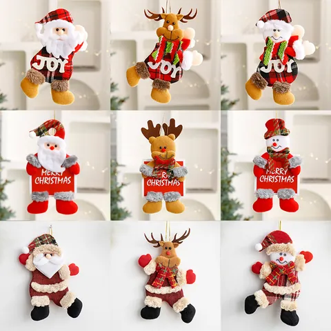 Cartoon Christmas Plush Doll Hanging Ornaments Santa Claus Snowman Reindeer Bear Plaid Fabric Pendant For Tree Party Decor