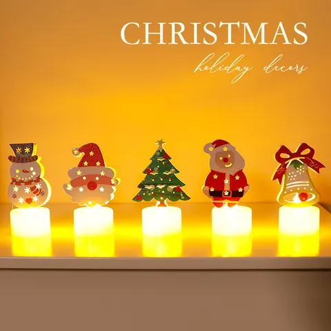 Bougie LED de Noël Veilleuse Électronique Sans Flamme Père Noël Bonhomme de Neige Sapin de Noël Décoration de Table Fêtes