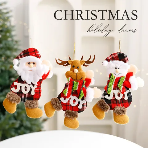 Cartoon Christmas Plush Doll Hanging Ornaments Santa Claus Snowman Reindeer Bear Plaid Fabric Pendant For Tree Party Decor