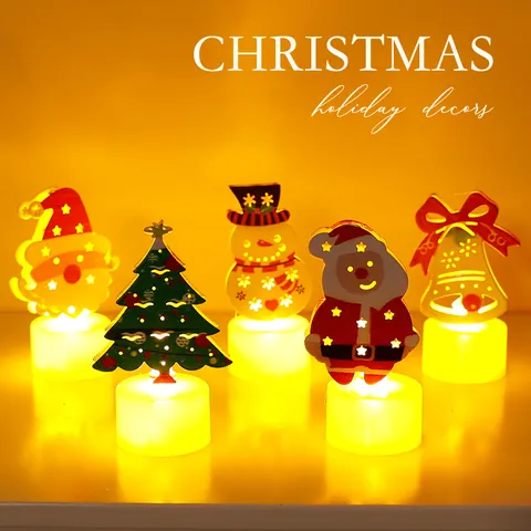 Bougie LED de Noël Veilleuse Électronique Sans Flamme Père Noël Bonhomme de Neige Sapin de Noël Décoration de Table Fêtes