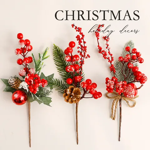 Branche de Baies de Noël Artificielle et Aiguilles de Pin Bouquet de Fruits et Pommes de Pin de Simulation pour Ornement Maison