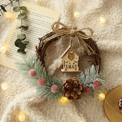 Artificial Christmas Wreath with LED Warm Lights Pine Cones Red Berries Bows Holiday Front Door Window Hanging Decoration