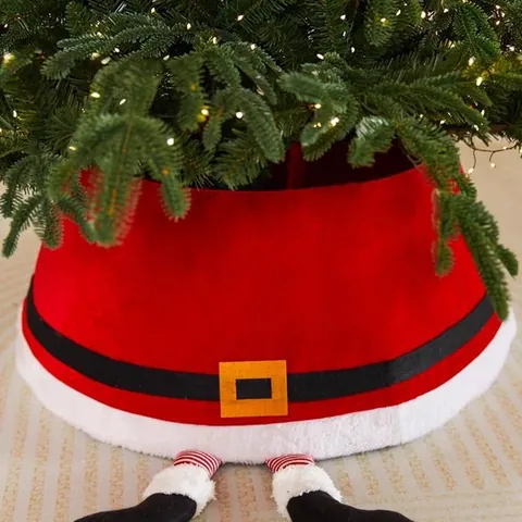 Christmas Tree Skirt Decoration Santa Claus Design Tree Collar With Elf Legs Striped Border Xmas Holiday Scene Decor