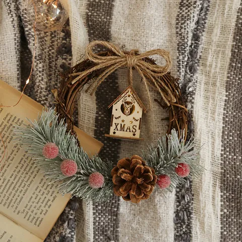 Christmas Wreath With Lighted Wood House Pine Needles Berries Pine Cones Rattan Ring For Home Holiday Decoration