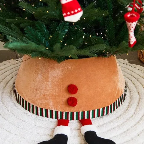 Christmas Tree Skirt Decoration Santa Claus Design Tree Collar With Elf Legs Striped Border Xmas Holiday Scene Decor