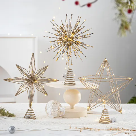 LED Christmas Tree Topper Star Glitter Iron Tree Top Decoration Gold Silver Battery Operated Eight-Pointed Star Ornament Holiday Home Decor