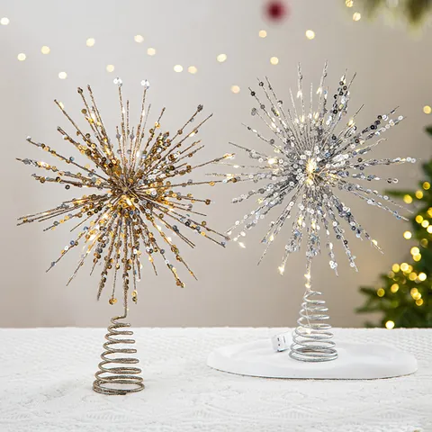 LED Christmas Tree Topper Star Glitter Iron Tree Top Decoration Gold Silver Battery Operated Eight-Pointed Star Ornament Holiday Home Decor
