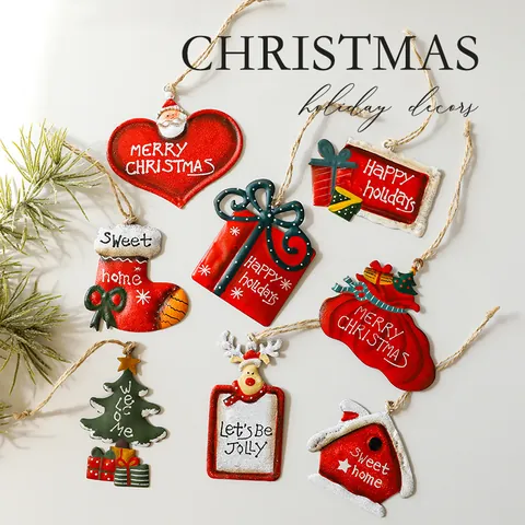 Ornements Suspendus de Noël en Fer Art Vintage Métal Peint Père Noël Bonhomme de Neige Renne Chaussette Pendentif pour Arbre de Noël Déco