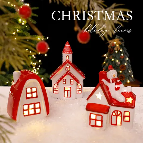 Nordic Ceramic Glowing Christmas House LED Lit Snow Cabin Church For Holiday Home Desktop Decor Desktop Ornaments Winter Gifts