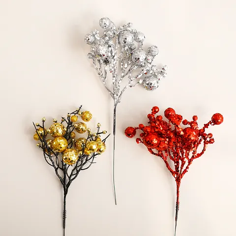 Christmas Glitter Berry Picks Artificial Stems Decorative Sparkly Ball Sprays For Xmas Tree DIY Festive Home Holiday Decor