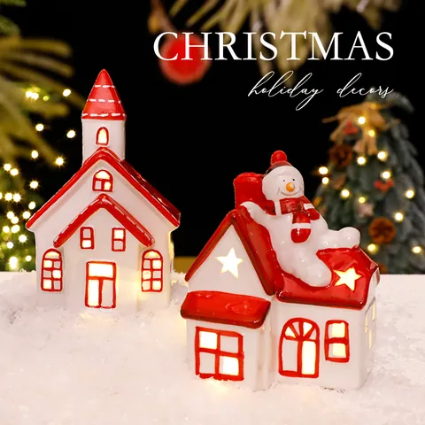 Nordic Ceramic Glowing Christmas House LED Lit Snow Cabin Church For Holiday Home Desktop Decor Desktop Ornaments Winter Gifts