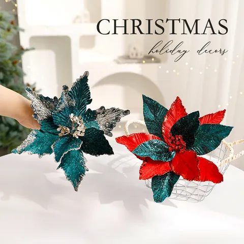 Fleur de Noël Poinsettia Artificielle Haut de Gamme en Velours Pailleté Ornement Floral Fait à la Main pour Sapin de Noël