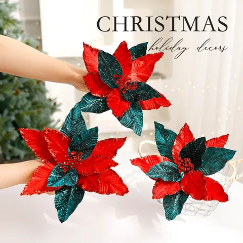 Fleur de Noël Poinsettia Artificielle Haut de Gamme en Velours Pailleté Ornement Floral Fait à la Main pour Sapin de Noël