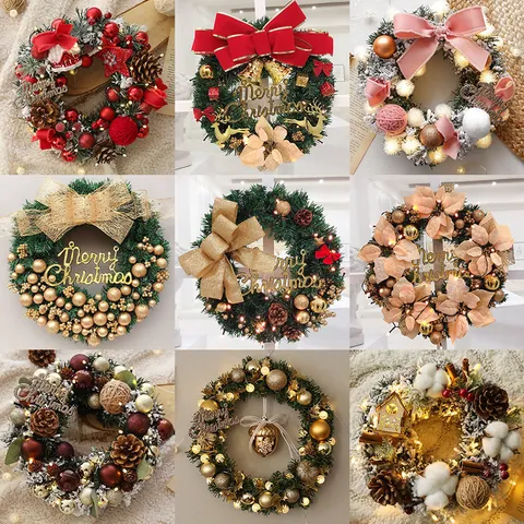 Artificial Christmas Wreath with LED Warm Lights Pine Cones Red Berries Bows Holiday Front Door Window Hanging Decoration