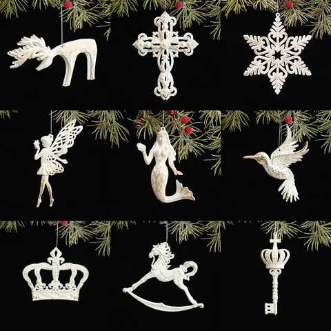 Christmas Tree Hanging Ornaments Vintage White Gold Glitter Reindeer Snowflake Cross Angel Mermaid Key Retro Holiday Decor