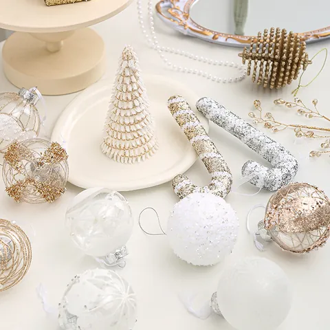 Champagne Gold White Christmas Ornaments Glitter Artificial Pearl Hanging Pendants Tree Decoration Party Holiday Elegant Style