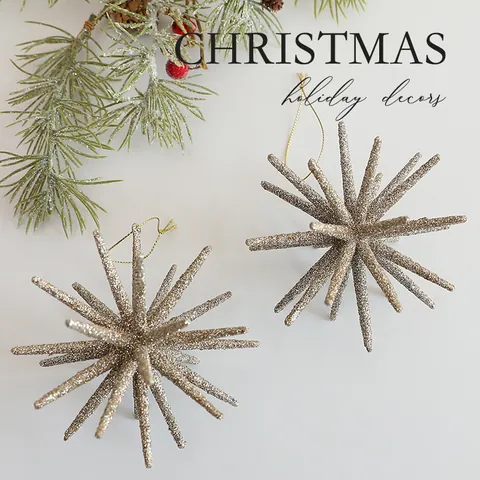 Glitter Starburst Explosion Star Christmas Tree Hanging Ornament Plastic Sparkling Holiday Party Home Decor Champagne White