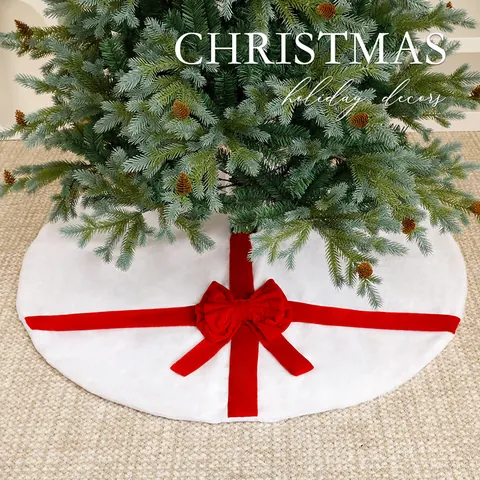 Large Polyester Christmas Tree Skirt White Plush Red Velvet Bow Tie Plaid Snowflake Pattern Xmas Tree Base Decoration Mat Ornaments Home Holiday Party Decor
