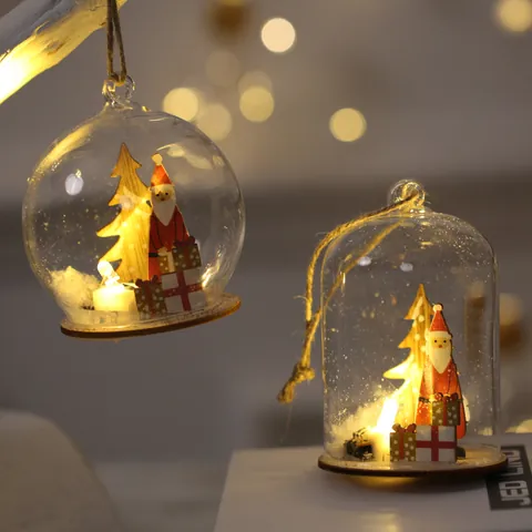 Adorno de Bola de Vidrio LED de Navidad Con Miniatura de Reno Papá Noel Árbol Base de Madera Decoración Luminosa Cálida para Mesa Hogar Fiesta