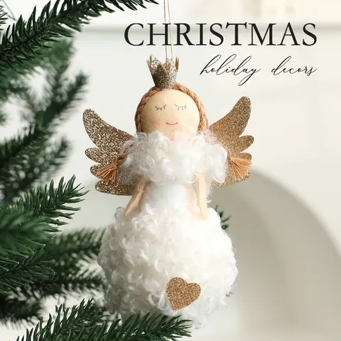 Plush Christmas Angel Doll Hanging Ornament With Glitter Heart Golden Wings For Holiday Party Christmas Tree Decoration