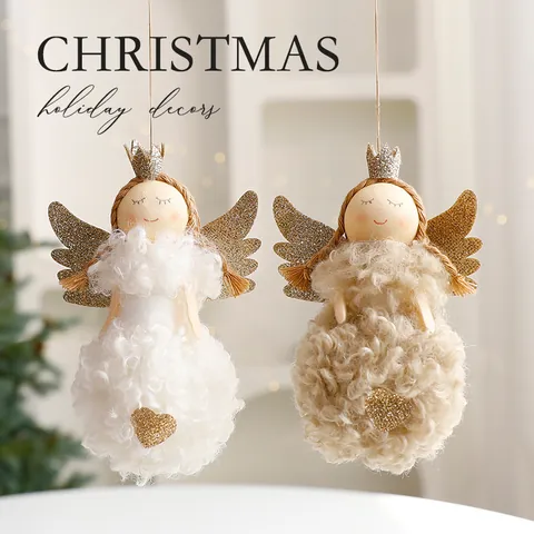 Plush Christmas Angel Doll Hanging Ornament With Glitter Heart Golden Wings For Holiday Party Christmas Tree Decoration