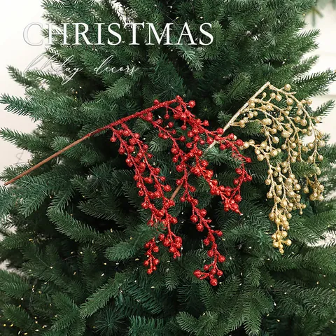 Glitter Christmas Artificial Berry Stems Foam Red Gold Fruit Picks For Christmas Tree Wreaths Home Holiday Scene Decor