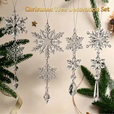 Christmas Transparent Snowflake Icicle Hanging Ornaments Plastic Acrylic Crystal Look Winter Wonderland Party Tree Decoration