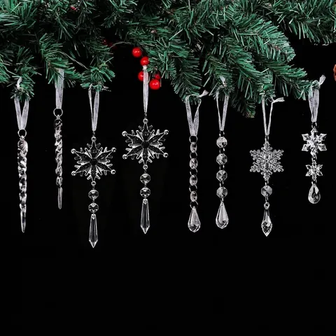 Clear Christmas Snowflake Icicle Ornaments Set Acrylic Plastic Ice Cone Pendants Hanging Decorations For Tree Winter Party