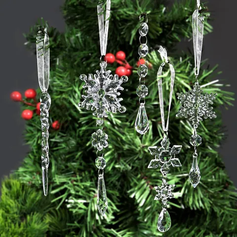 Adornos de Acrílico de Navidad Copo de Nieve Carámbano Colgantes de Cristal Transparente para Árbol de Navidad Boda Fiesta Hogar Decoración DIY