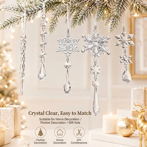 Transparent Acrylic Crystal-Look Christmas Snowflake Icicle Beaded Hanging Ornaments Set For Christmas Tree Window Party Decoration