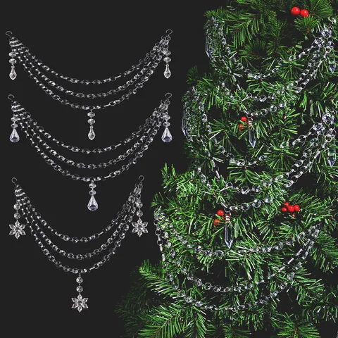 Christmas Tree Decoration 3-Layer Acrylic Octagonal Bead Chain Transparent Faceted Hanging Garland Ornament Holiday Decor