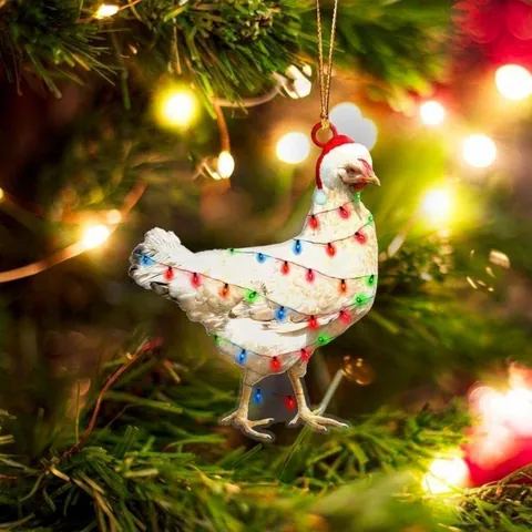 Acrylic Christmas Chicken Ornaments Realistic Rooster Hen Pendants With Christmas Hat Print Tree Hanging Decoration Home Ornament
