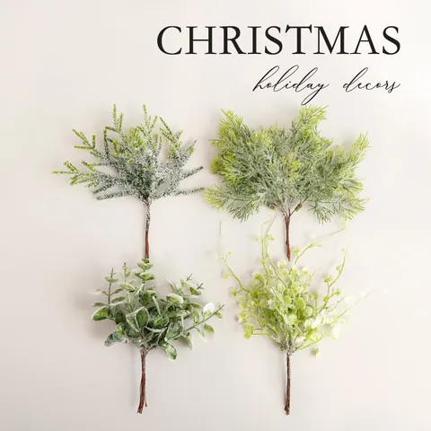 Artificial Frosted Christmas Pine Needles Eucalyptus Leaves PVC Greenery Branches For DIY Forest Style Home Wall Decor