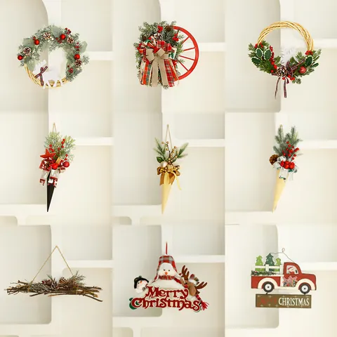 Christmas Wreath Pine Cone Red Berries Door Hanging Ornament Artificial Garland With Reindeer Snowman Plaid Bow Retro Truck Wood Branches For Xmas Party Home Wall Decor