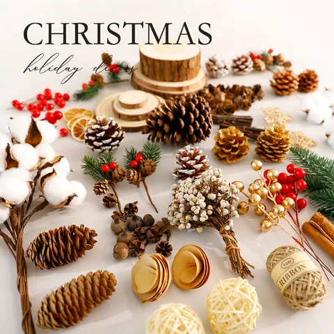 Natural Pine Cones Wood Slices Cotton Flowers Jute Twine Christmas Decoration Set Forest Style DIY Craft Materials For Holiday Scene Layout Props