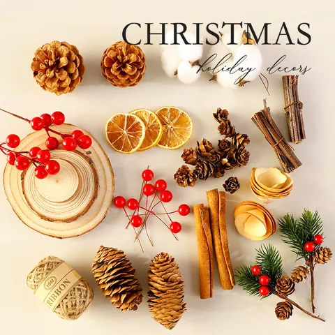 Natural Pine Cones Wood Slices Cotton Flowers Jute Twine Christmas Decoration Set Forest Style DIY Craft Materials For Holiday Scene Layout Props