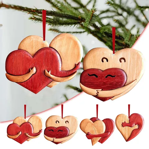 Hartvormige Knuffel Acryl Hangend Ornament Met Houtnerf Textuur Voor Valentijnsdag Kerstboom Decoratie Rugzak Hanger