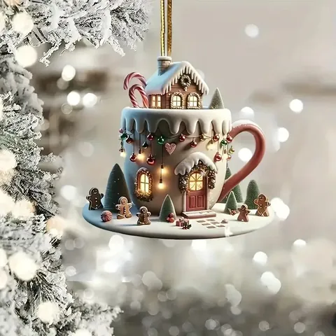 Acrylic Flat Christmas Coffee Cup Hanging Ornament With Gingerbread House Pattern For Tree Holiday Home Decoration