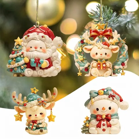 Creative Cartoon Christmas Acrylic Pendant Keychain Cute Santa Claus Snowman Reindeer Backpack Hanging Decoration Xmas Gift