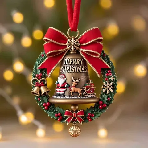 Christmas Santa Claus Reindeer Sleigh Acrylic Hanging Pendant Festive Bell Ornament For Xmas Tree Holiday Decoration Gift