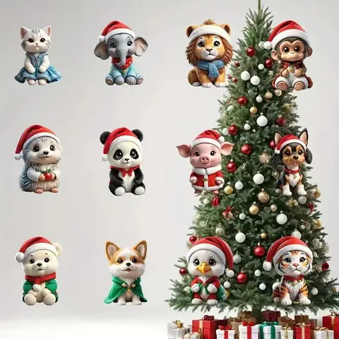 Acrylic Christmas Animal Hanging Ornament Flat Xmas Tree Decoration With Santa Hat Cartoon Holiday Decor For Home Party