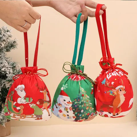 Christmas Drawstring Gift Bag Cartoon Printed Polyester Candy Bag For Kids Santa Snowman Reindeer Holiday Party Favor Bag