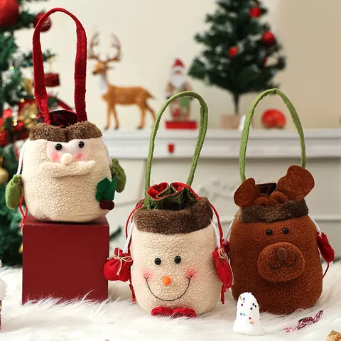 Christmas Gift Bag Polyester Drawstring Candy Apple Pouch Santa Claus Snowman Reindeer Cartoon Handheld Holiday Party Favors