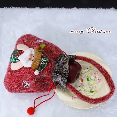 Plush Christmas Gift Bag Santa Claus Reindeer Snowman Pattern Drawstring Candy Pouch Portable Xmas Apple Bags For Holiday Party Decoration