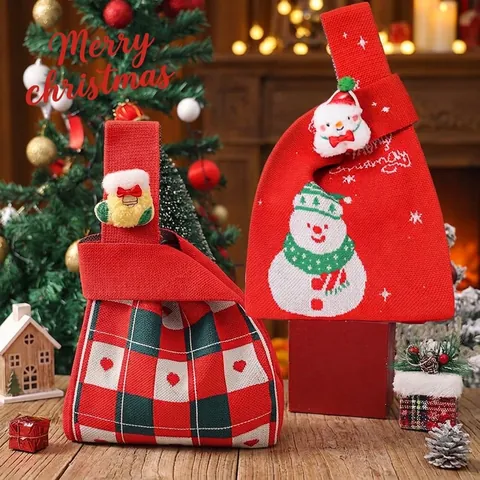 Christmas Gift Bag Knitted Pouch Santa Claus Reindeer Snowman Apple Candy Bags Holiday Party Favors Handbag Decoration Kids Gift